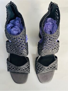 Donald J. Pliner Sandals Herra Metallic Gray Open Weave Block Heeled Size 8